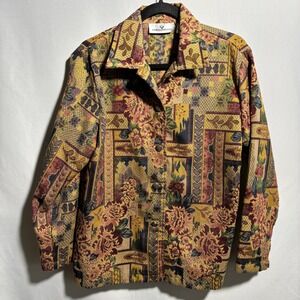 Erin London Vintage Floral Tapestry Button Down Jacket M Art Boho SEE‎ Retro VTG